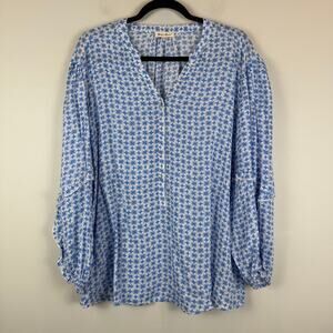 Grand & Greene Shirt Women Large White Blue Printed Balloon Sleeve Blouse Bloom